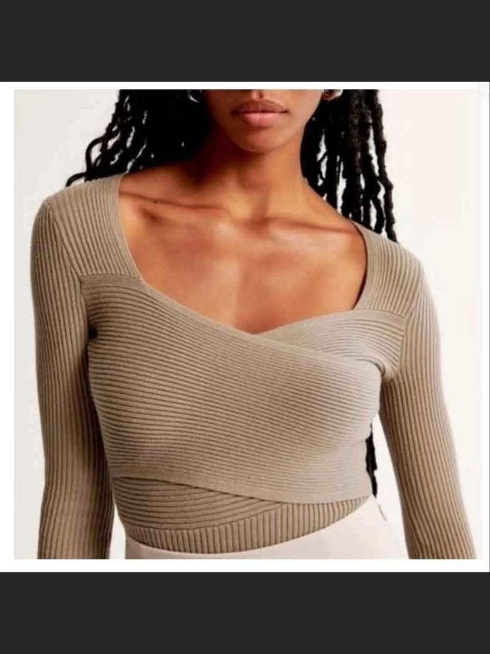 Abercrombie & Fitch Taupe Ribbed Off-Shoulder Wrap Crop Sweater